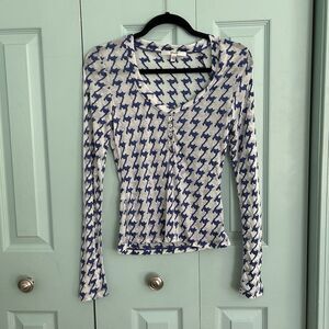 AnM Y2K Womens Henley Semi Sheer Long Sleeve Top Med Indie Layering Blue White